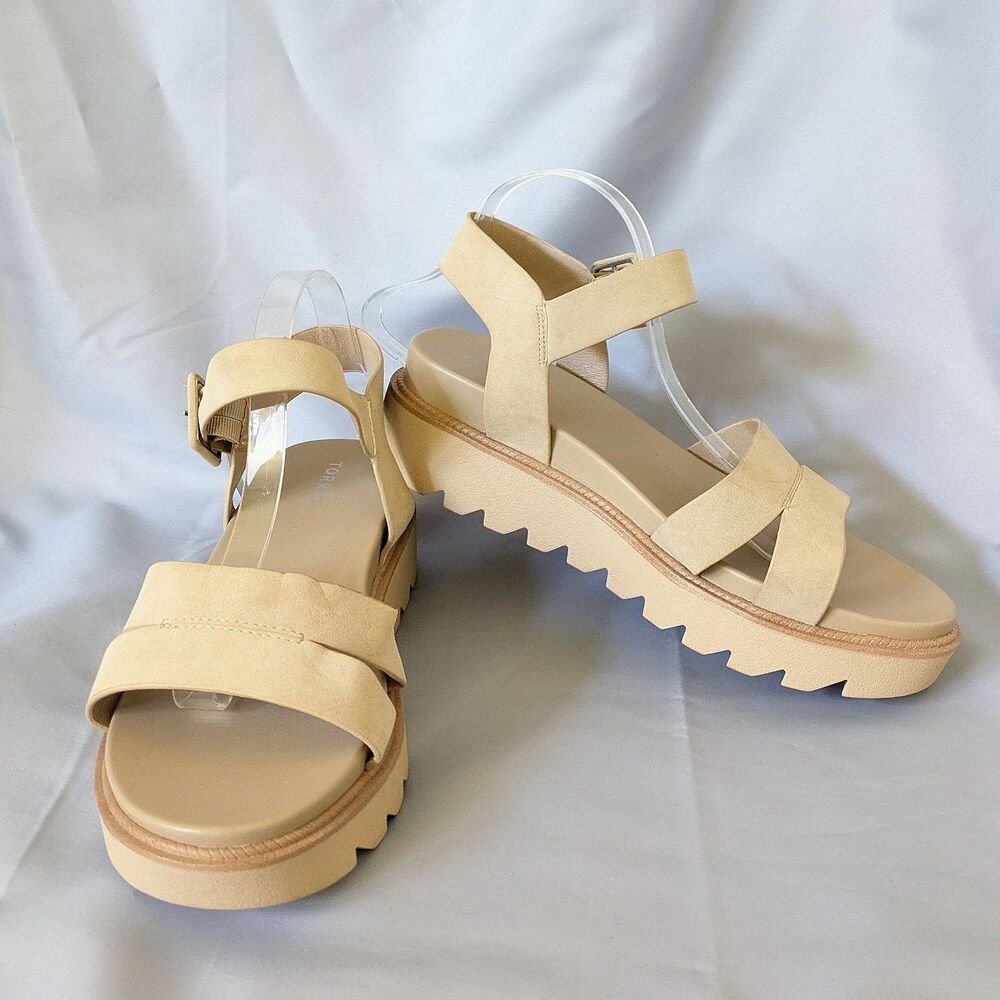 Torrid Two Piece Platform Sandals Beige Size 11 WW Buckle Lug Soles Faux Suede